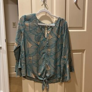 Veronica M Teal Leaf-Print Tie-Front Blouse